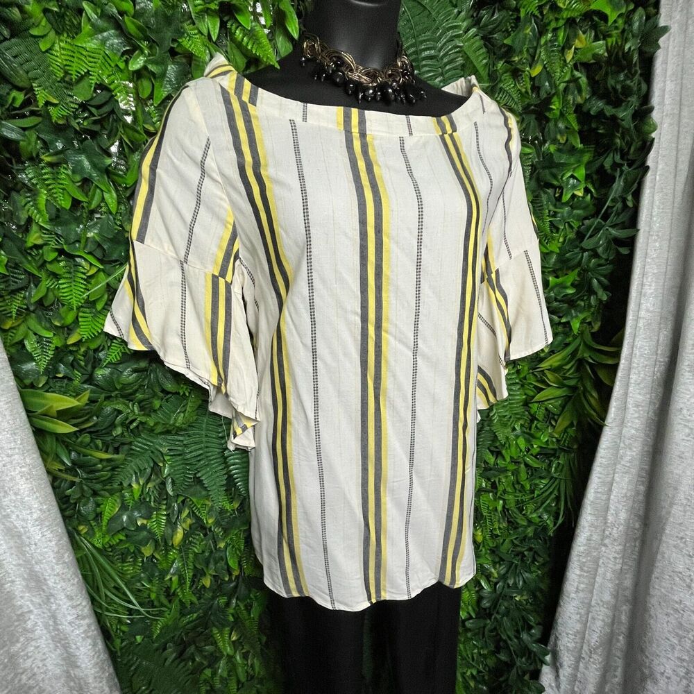 Women Tops 2X Beige Blouse Striped Print Ruffle Sleeve Verxy 1507 - Picture 5 of 9